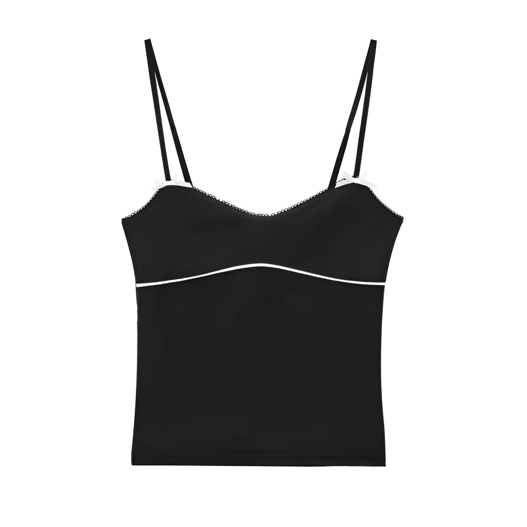 Women's slim-fit black knitted halter vest with spaghetti straps geometric pattern