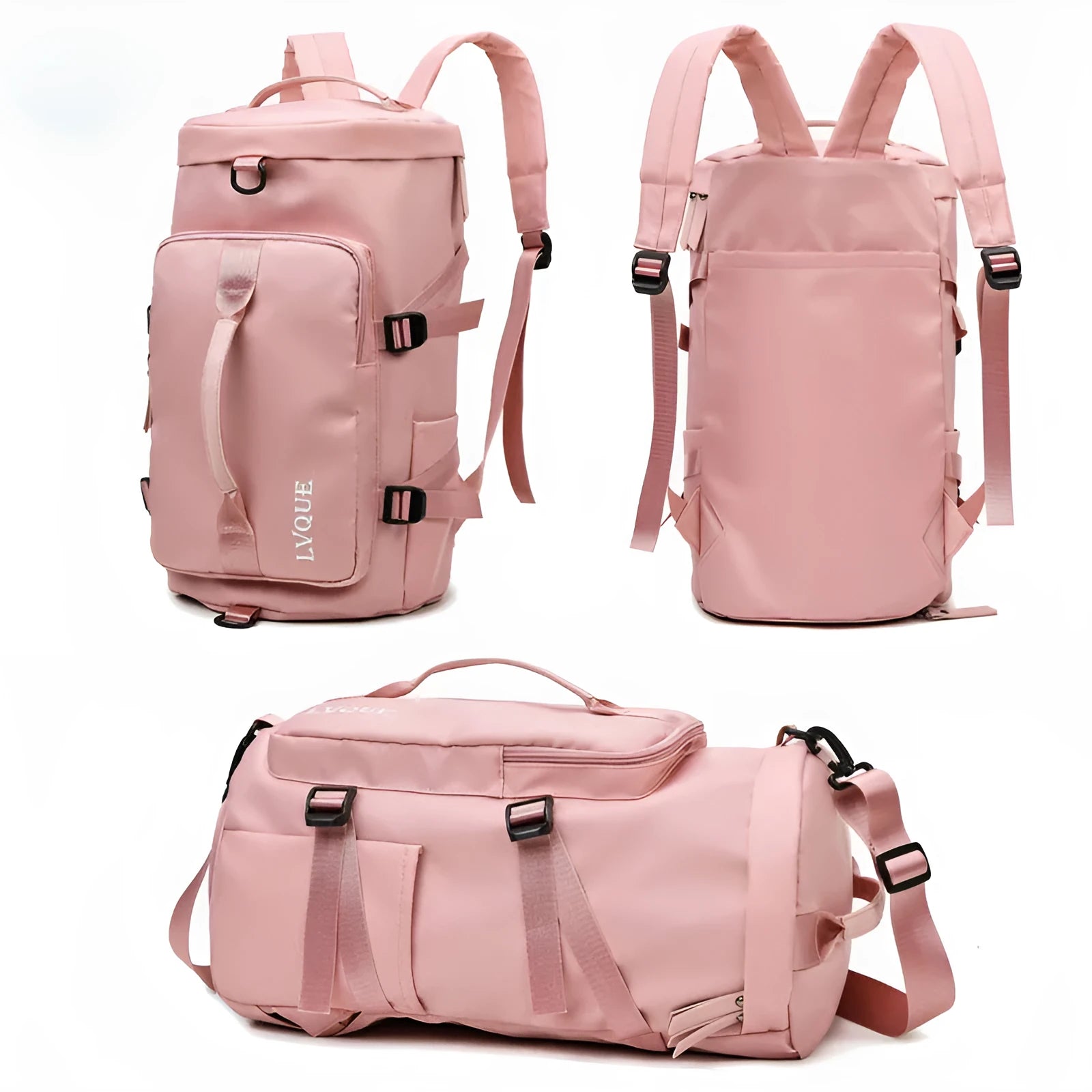 Black waterproof nylon backpack with combination lock, shown as a backpack and shoulder bag, featuring multiple pockets.