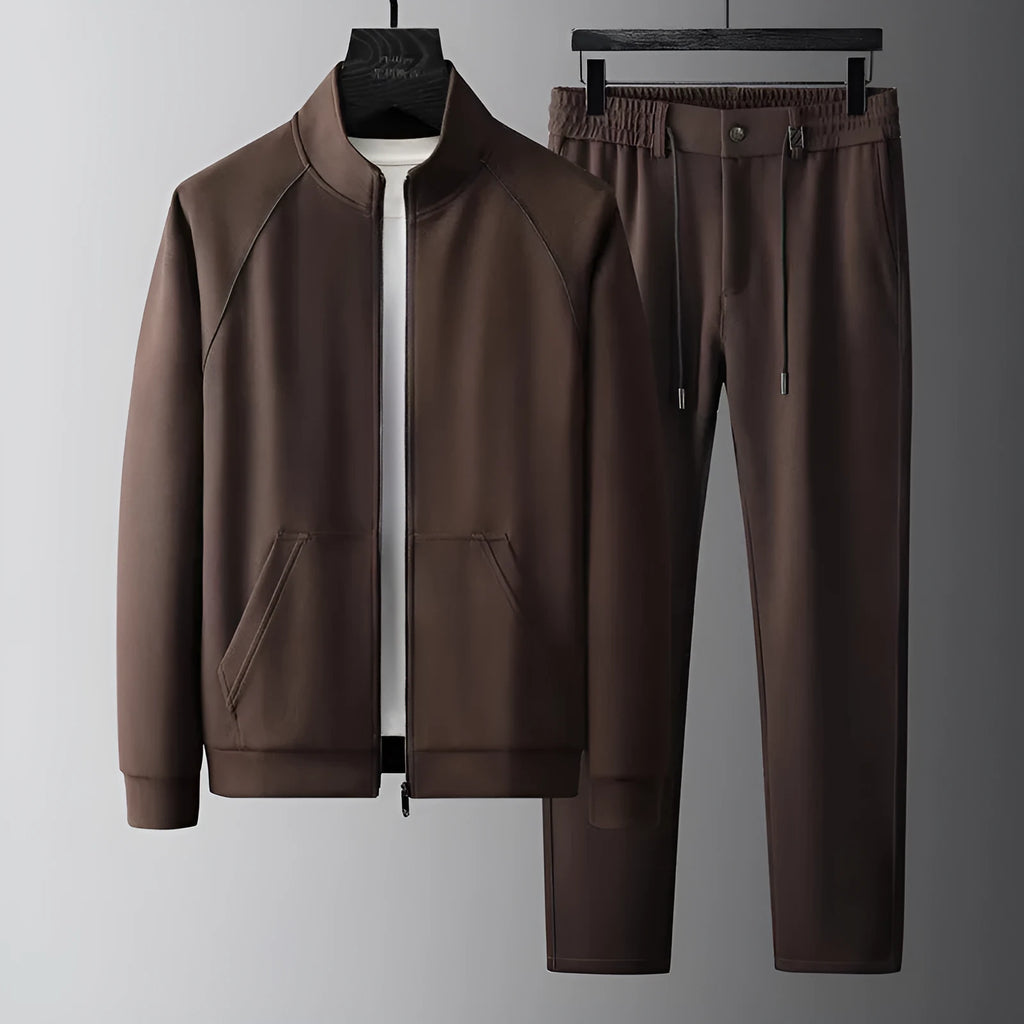 Slim fit stand collar casual sports jacket and trousers track suit in black colour
