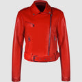 Women's black PU leather motorcycle jacket with lapel collar and a short waist belt.