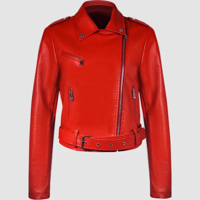Women's black PU leather motorcycle jacket with lapel collar and a short waist belt.