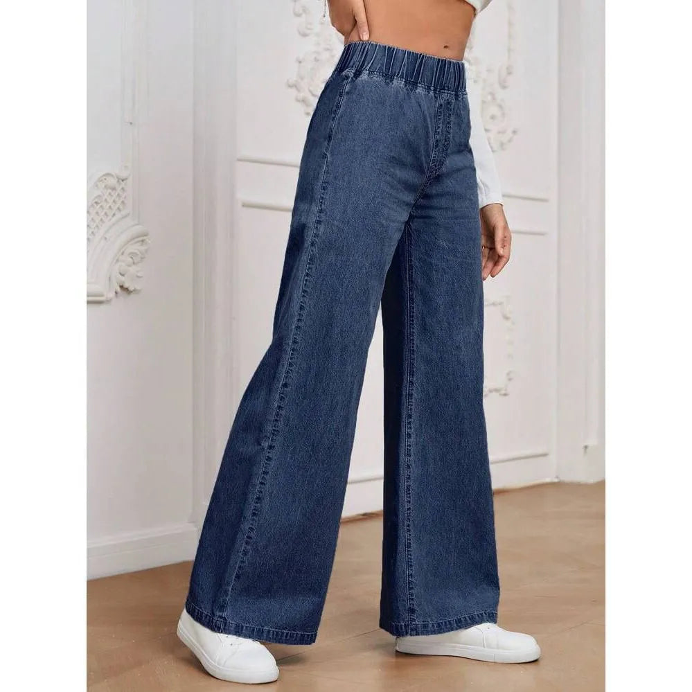 Light blue washed denim trousers with wide-leg straight cut and mid waist design