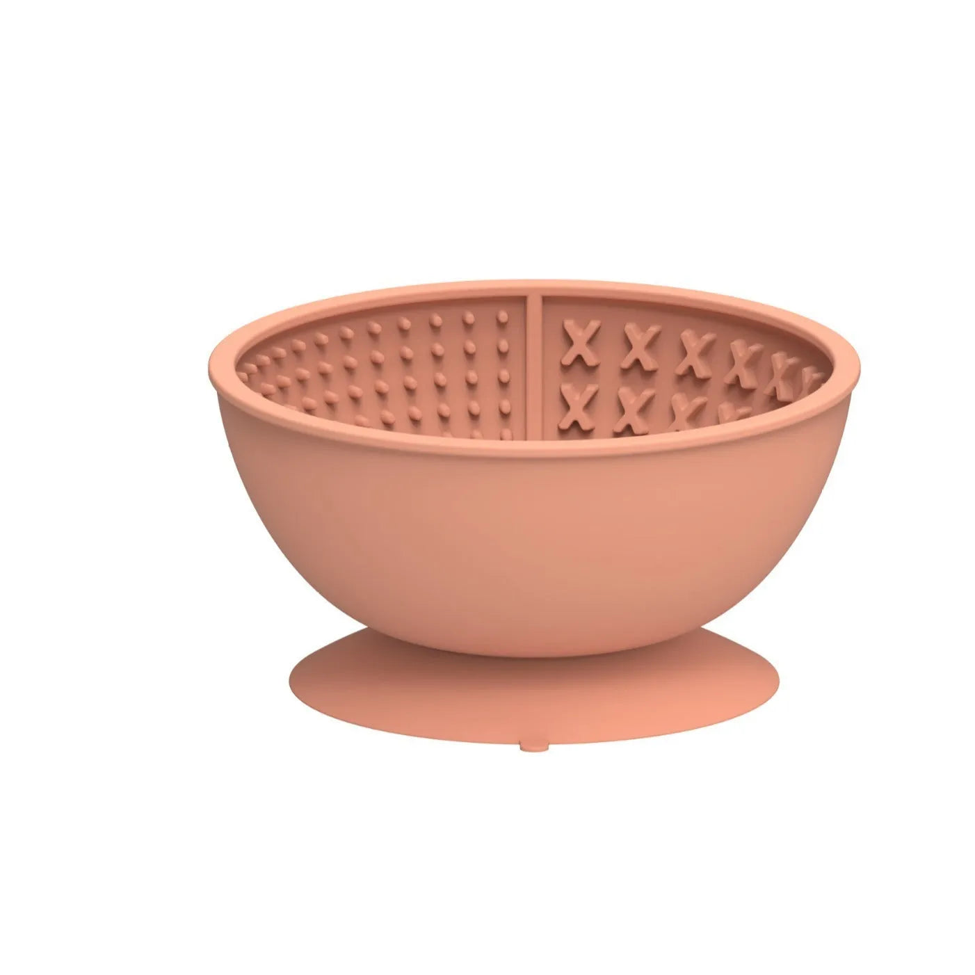 Cyan silicone dog bowl with licking mat texture and suction cup base on a floor.