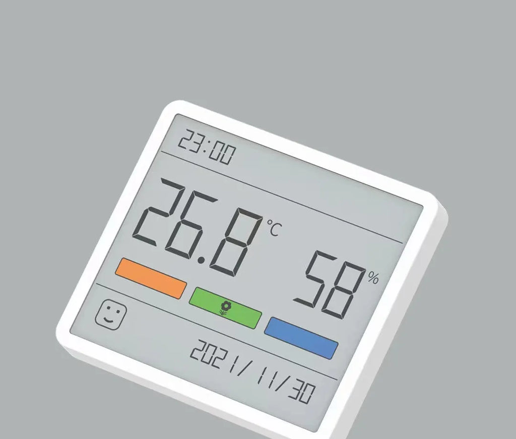 Mini digital clock hygrometer with ABS body and PMMA screen, showing temperature and humidity on a white background