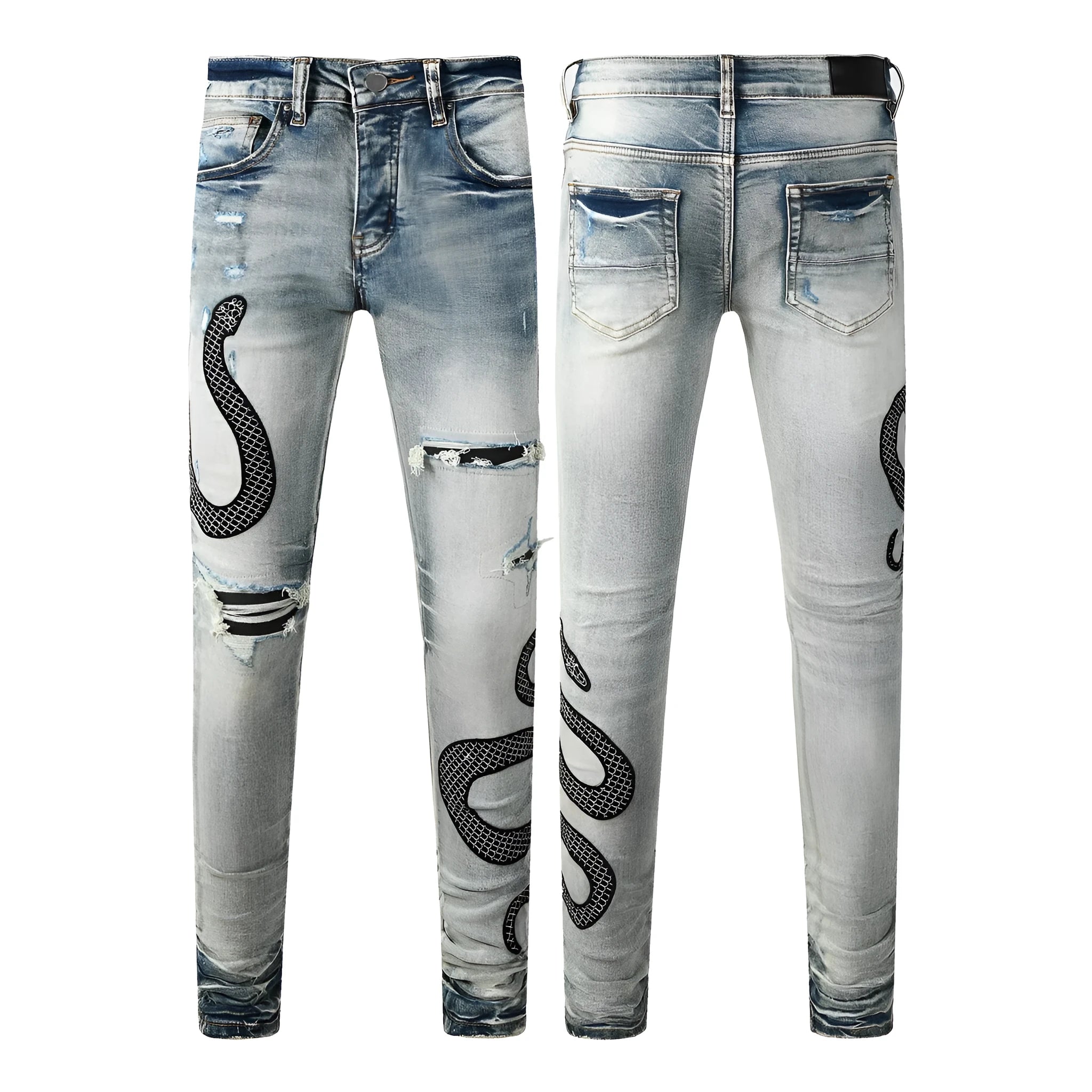 Man's blue distressed skinny jeans with a vintage wash, shown on a model, featuring a button fly and a tapered leg.