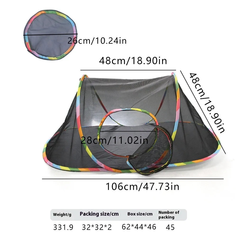 Foldable mesh cat roll cage showing hexagonal, tent and tee shape options for feline play