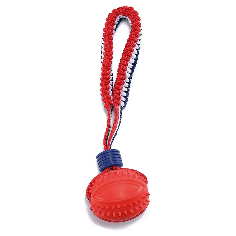 Blue rubber dog ball with rope toy for small dogs showing textured surface and 29cm length