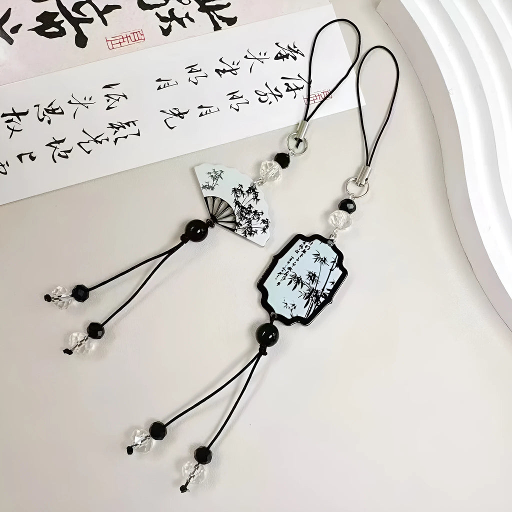 Guofeng Chinese style bead pendant keychain with floral pattern in Fan or Poetry colour.