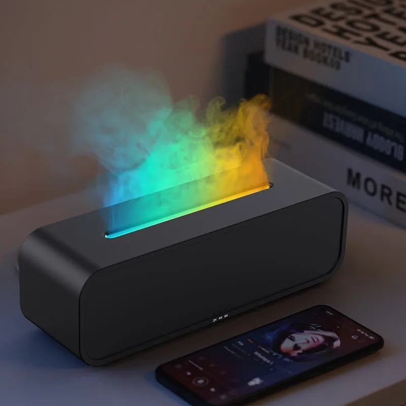 Black and white aroma diffuser with remote control, USB port, flame effect and colour-changing lights