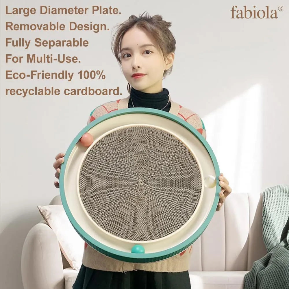 Large circular cardboard cat scratching board with integrated bell toys and refillable core
