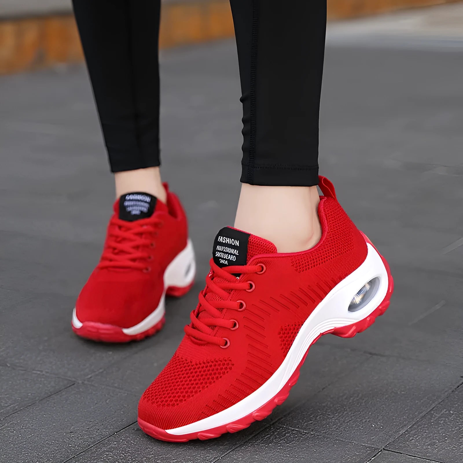 Women's round toe mesh sneakers with front lace-up and 3-5cm mid heel in black or red