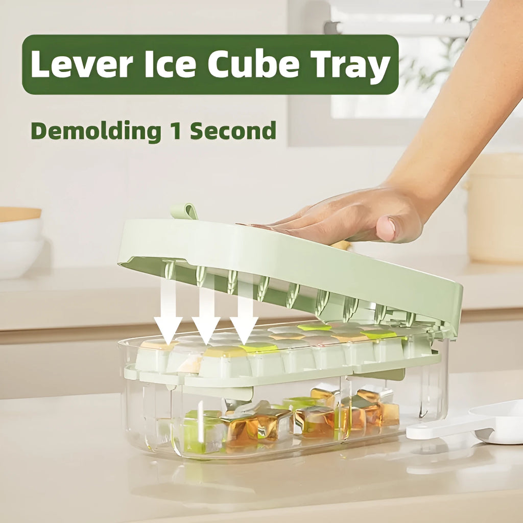High-capacity ice cube tray in blue with leverage handle and integrated ice shovel storage compartment