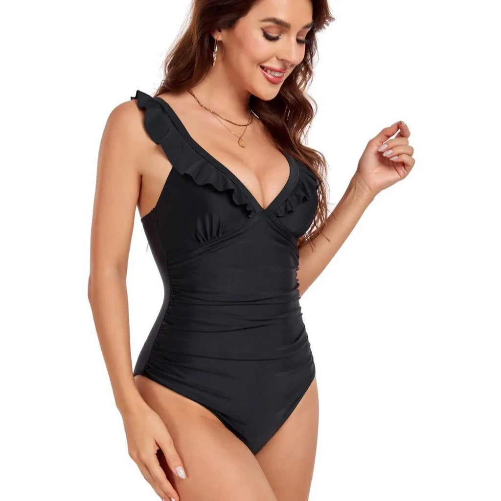 Solid black V-neck lace backless one-piece swimsuit for women nylon fabric polyester lining