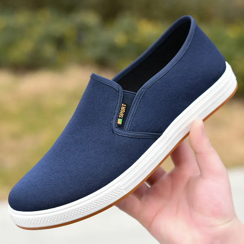 Men's black and blue slip-on canvas cloth shoes with round toe and shallow mouth design
