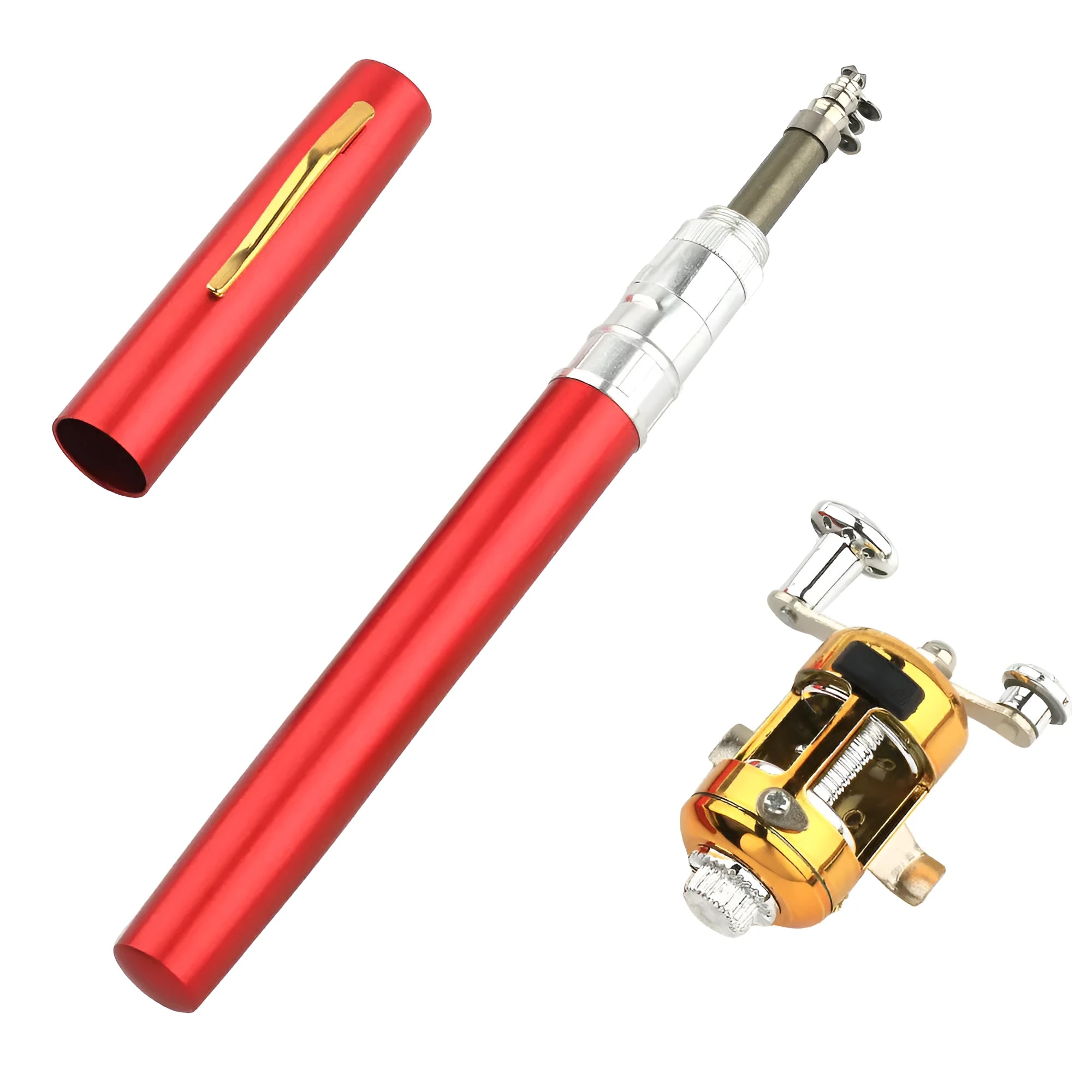 Telescopic pen fishing rod kit with aluminium case shown in gold colour alongside extended 1 metre fibreglass rod and ST5RL fishing reel