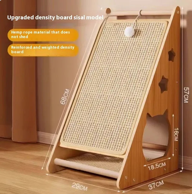 Vertical cat scratch board with hemp rope and sisal surface, wall-mounted design