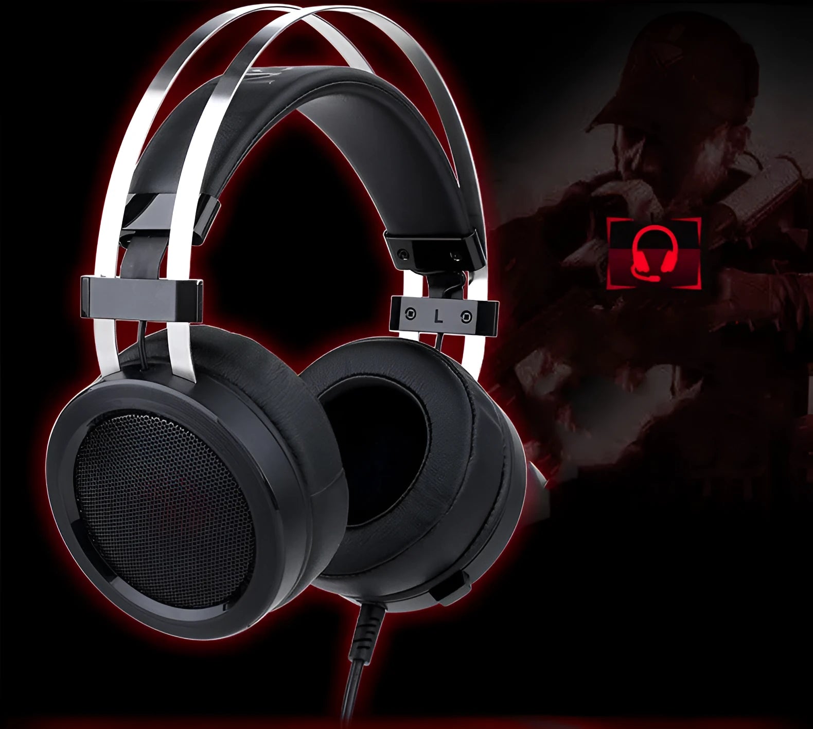 Black computer gaming headset with 3.5mm plug and 2 metre cable for PC gaming