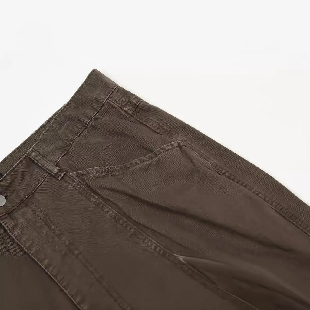 Men's brown cotton loose straight wide leg trousers with high waist and zipper fly