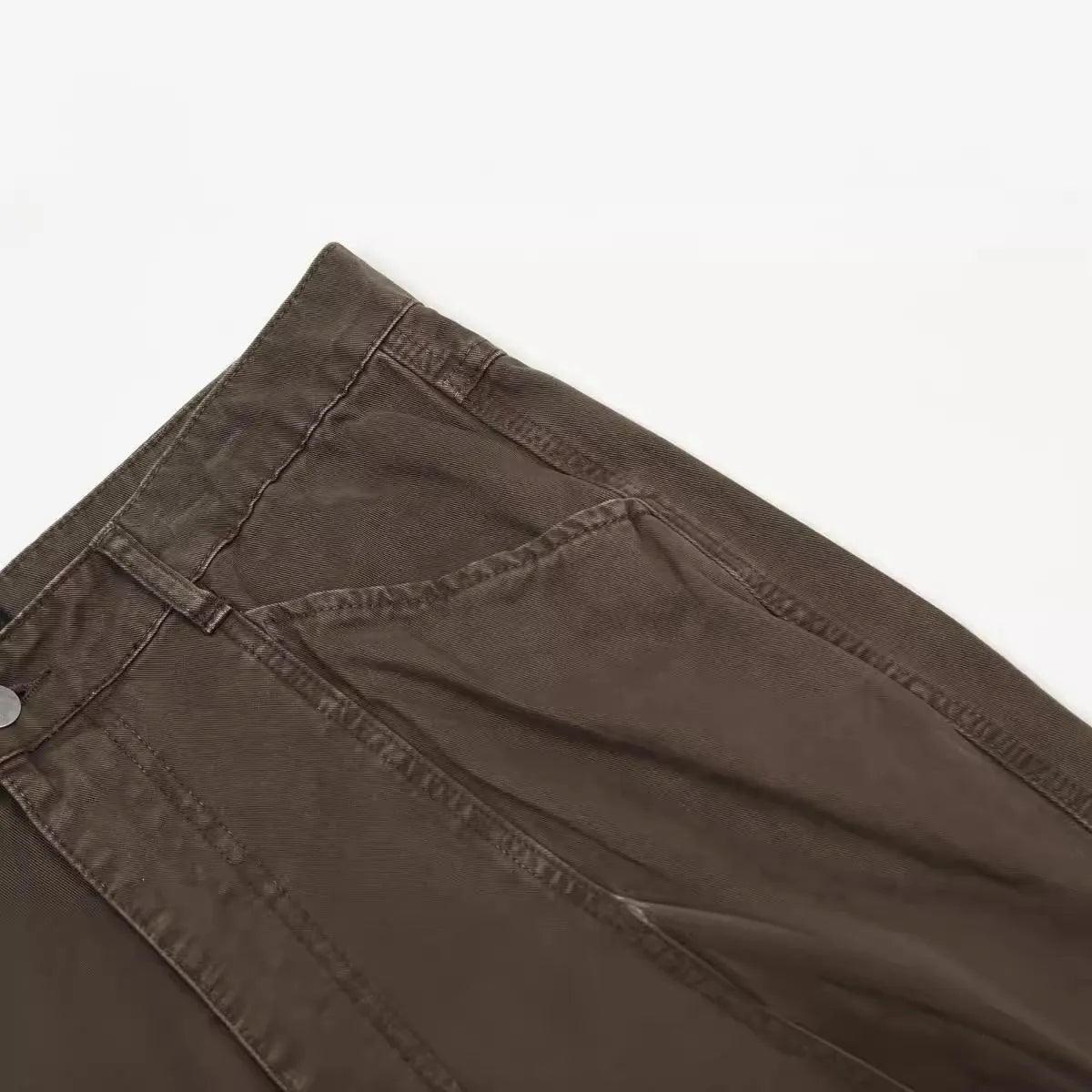 Men's brown cotton loose straight wide leg trousers with high waist and zipper fly