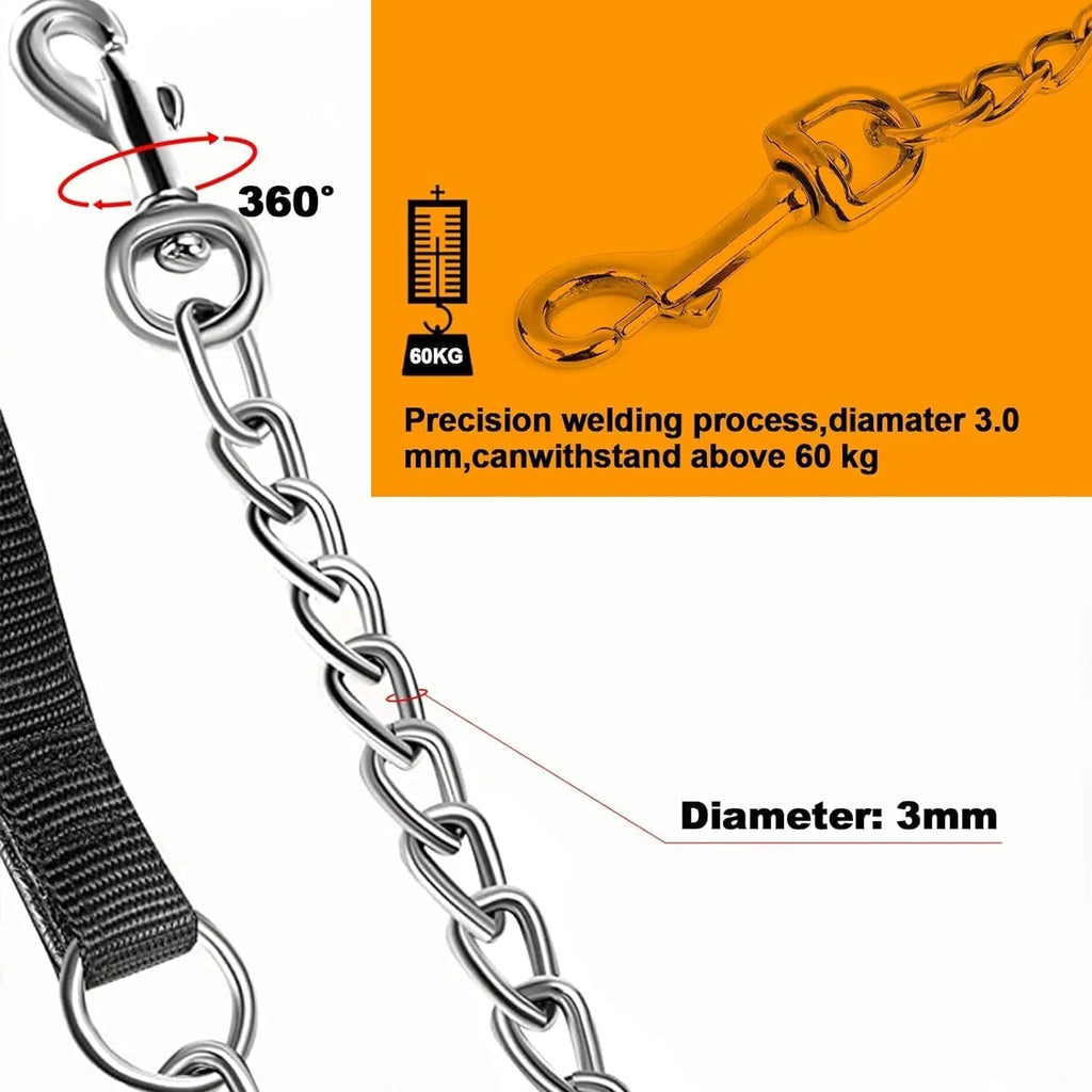 Heavy duty chrome metal dog leash chain with a black soft padded handle.