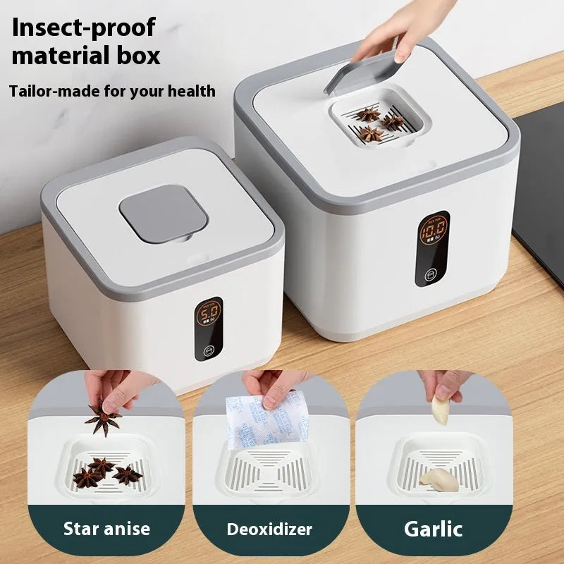 Grey plastic sealed rice storage jar with lid and measuring cup in three size options