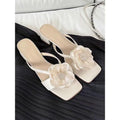 Women's sandals with chunky heel, square toe, and one-line satin strap in cream-white colour