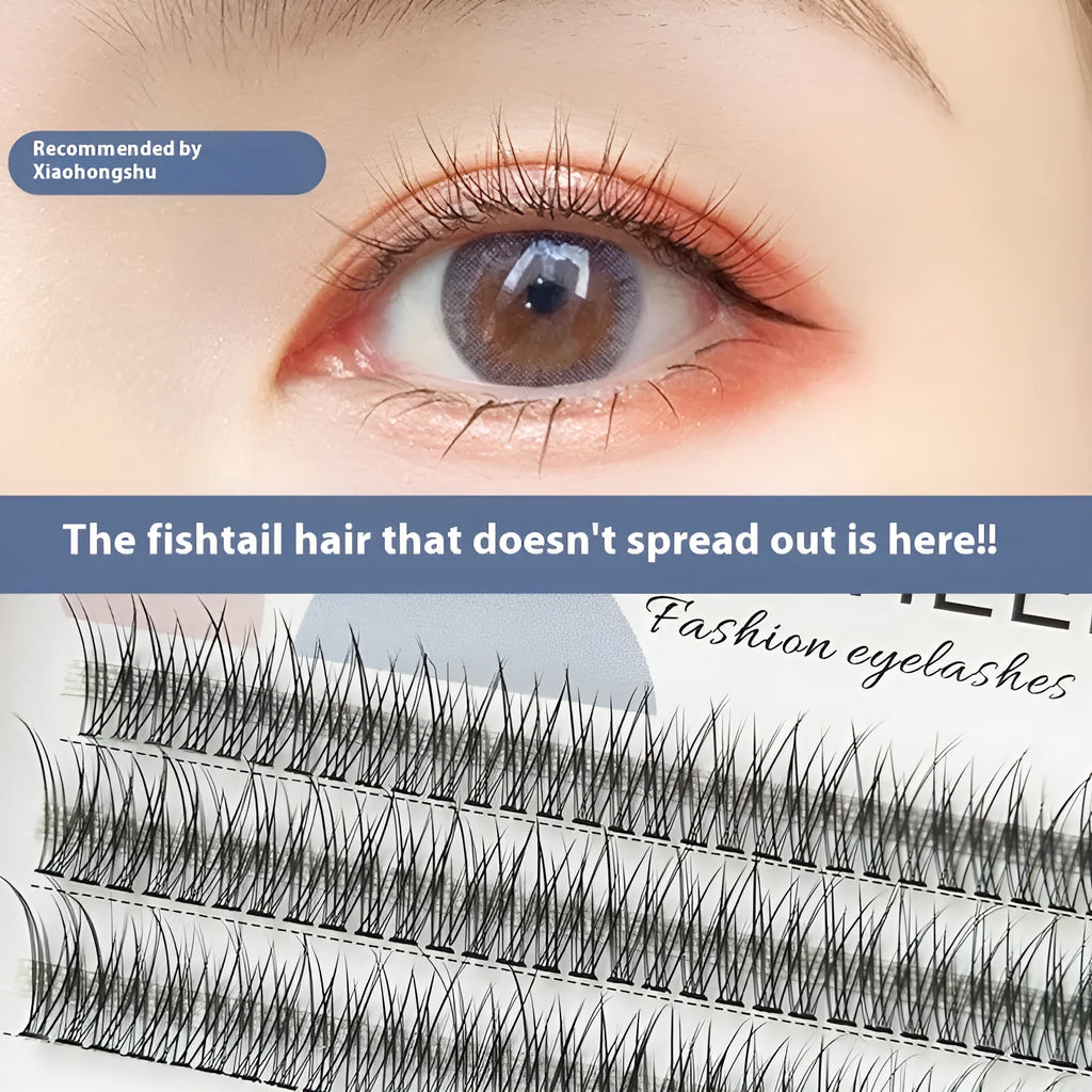 Black V-shaped fairy fishtail false eyelashes showing thick segment design in natural long style