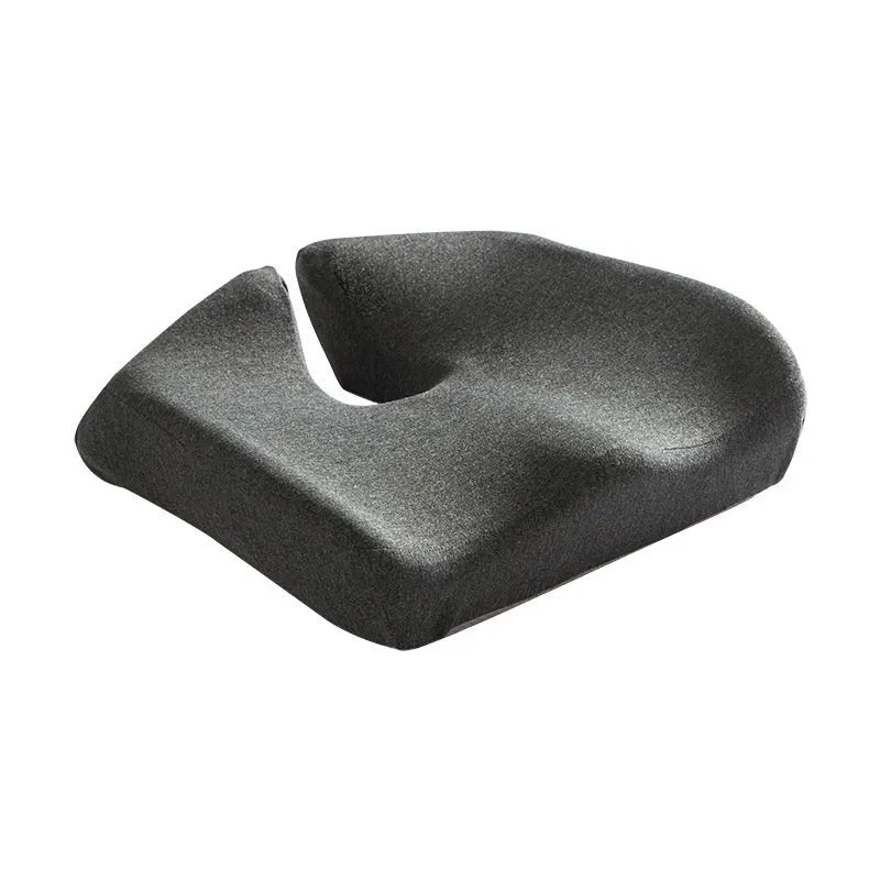 Memory foam office chair cushion measuring 36x40x11cm in dark grey colour with mesh backing