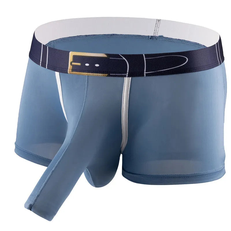 Men's solid colour Ice Silk boxer shorts on a mid waist, showing the grey colour option.
