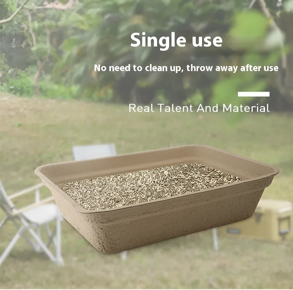 Brown biodegradable disposable cat litter box showing three size options.