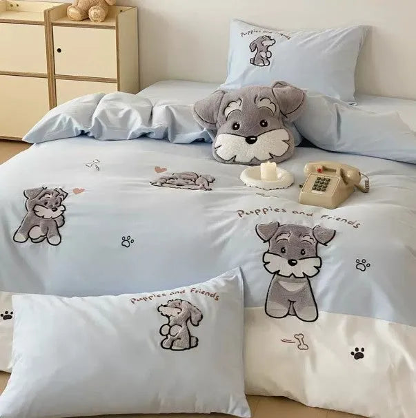 Cartoon Schnauzer children's bedding set with thickened cotton material and embroidery details