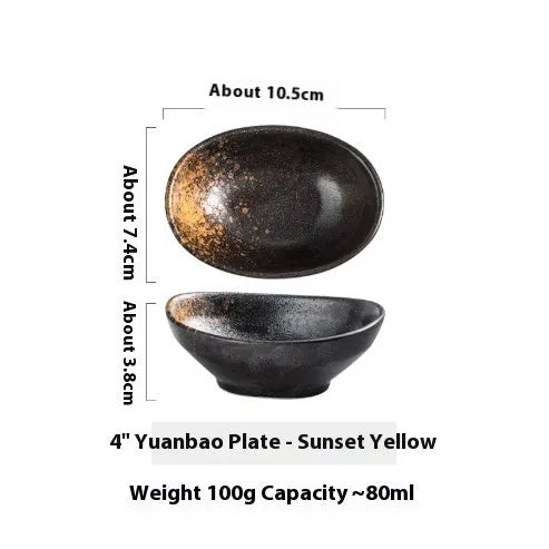 Oval Japanese ceramic sauce dipping bowl with underglaze finish in decorative pattern