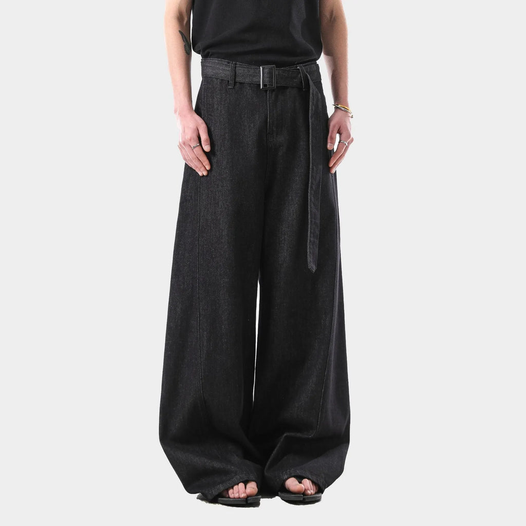 Black gold high-waist straight-leg jeans with zip fly on mannequin