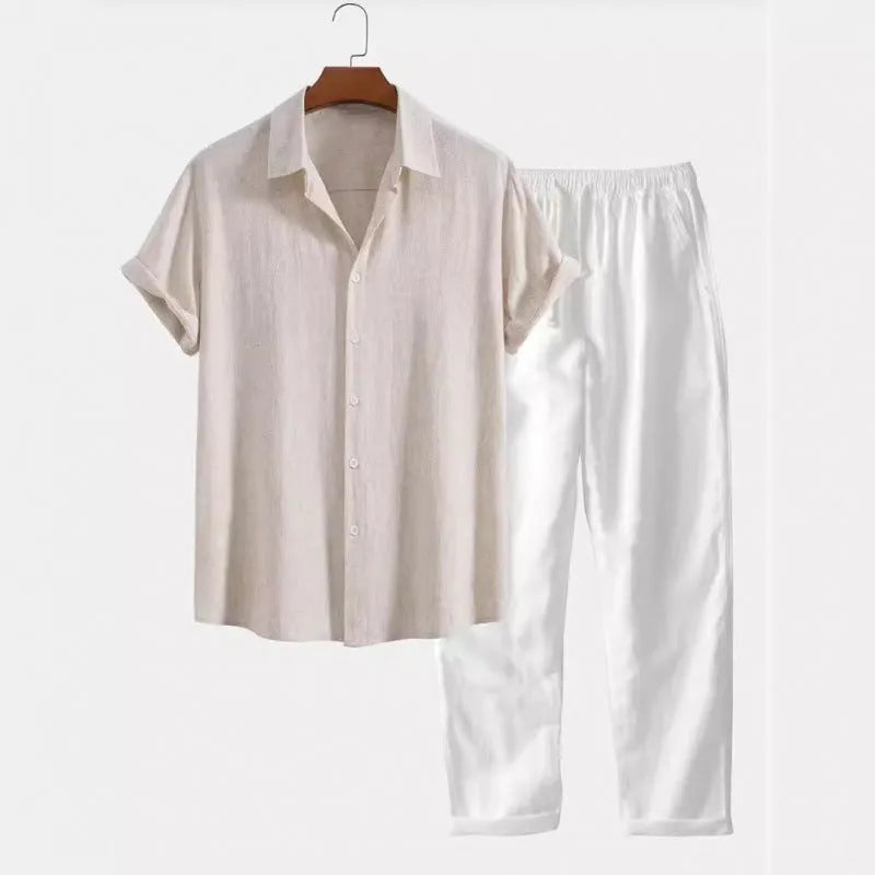Men's casual linen-look shirt and trouser set in multiple colours with short sleeves and loose fit