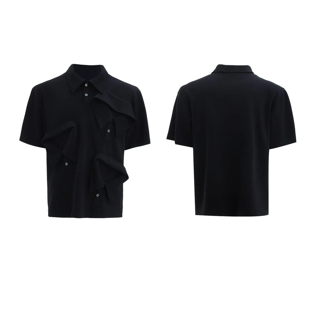 Men's black polo shirt with a deconstructed collar and geometric pattern, loose fit.
