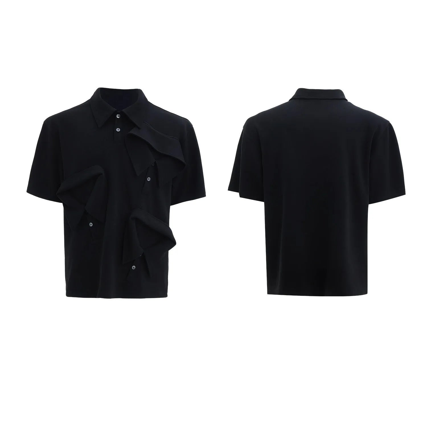 Men's black polo shirt with a deconstructed collar and geometric pattern, loose fit.