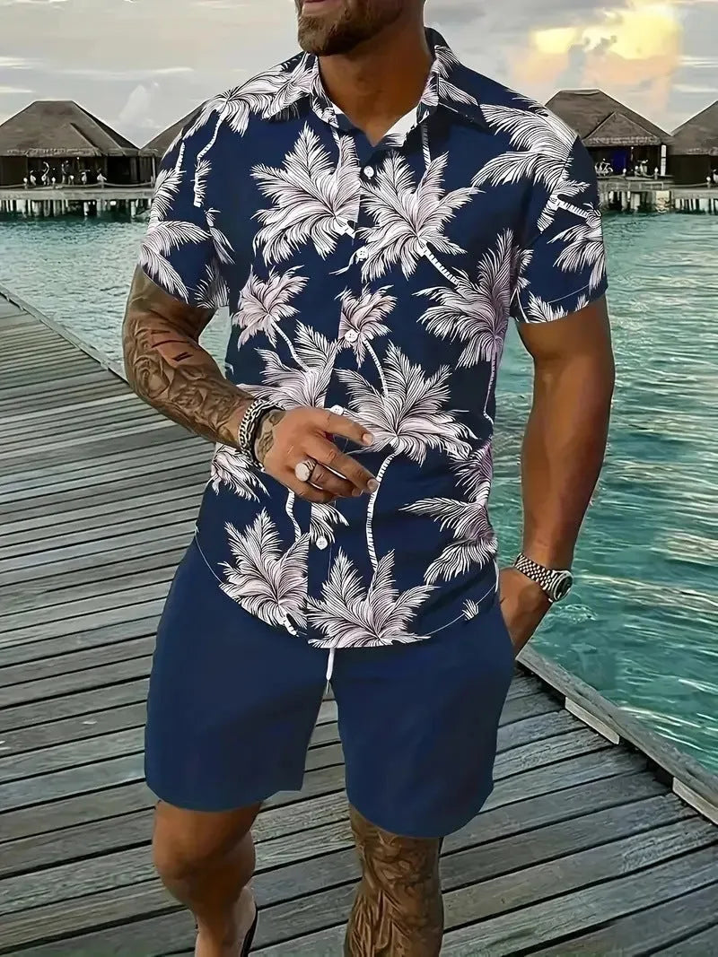 Men's Hawaii 3D printed short sleeve top and shorts leisure suit set on a hanger.