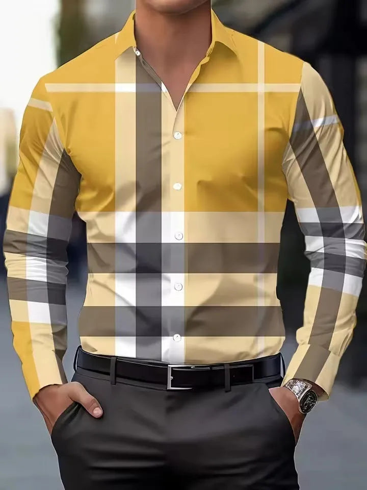 Man wearing a striped long sleeve shirt with a button lapel collar, available in multiple colours and sizes.
