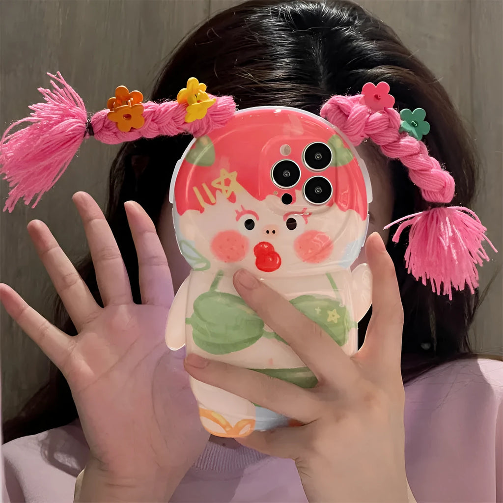 Pink and green silicone iPhone case with cartoon girl in swimsuit design for iPhone 11, 12, 13, 14 models.