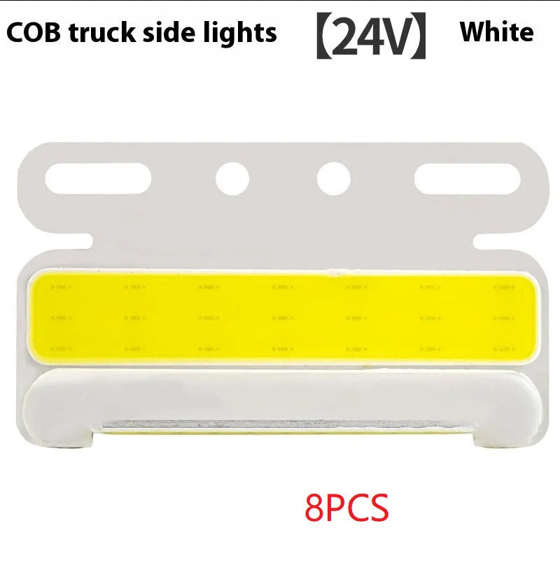 COB LED truck side light with grounded tyre light in aluminium alloy housing, shown in multiple colours.