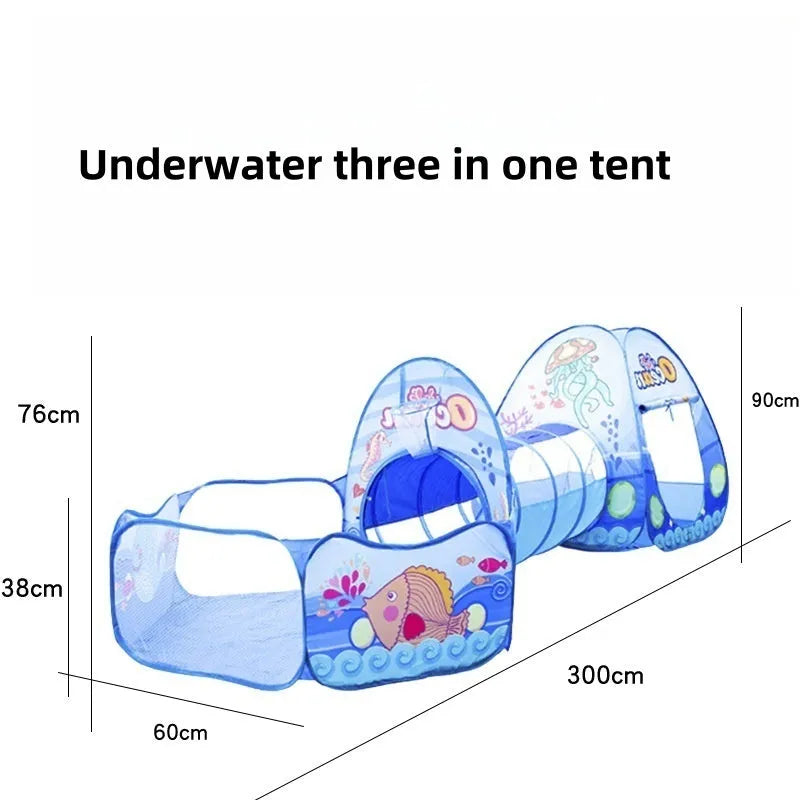 Colourful marine cartoon children's tent with integrated ball pool and crawl tunnel