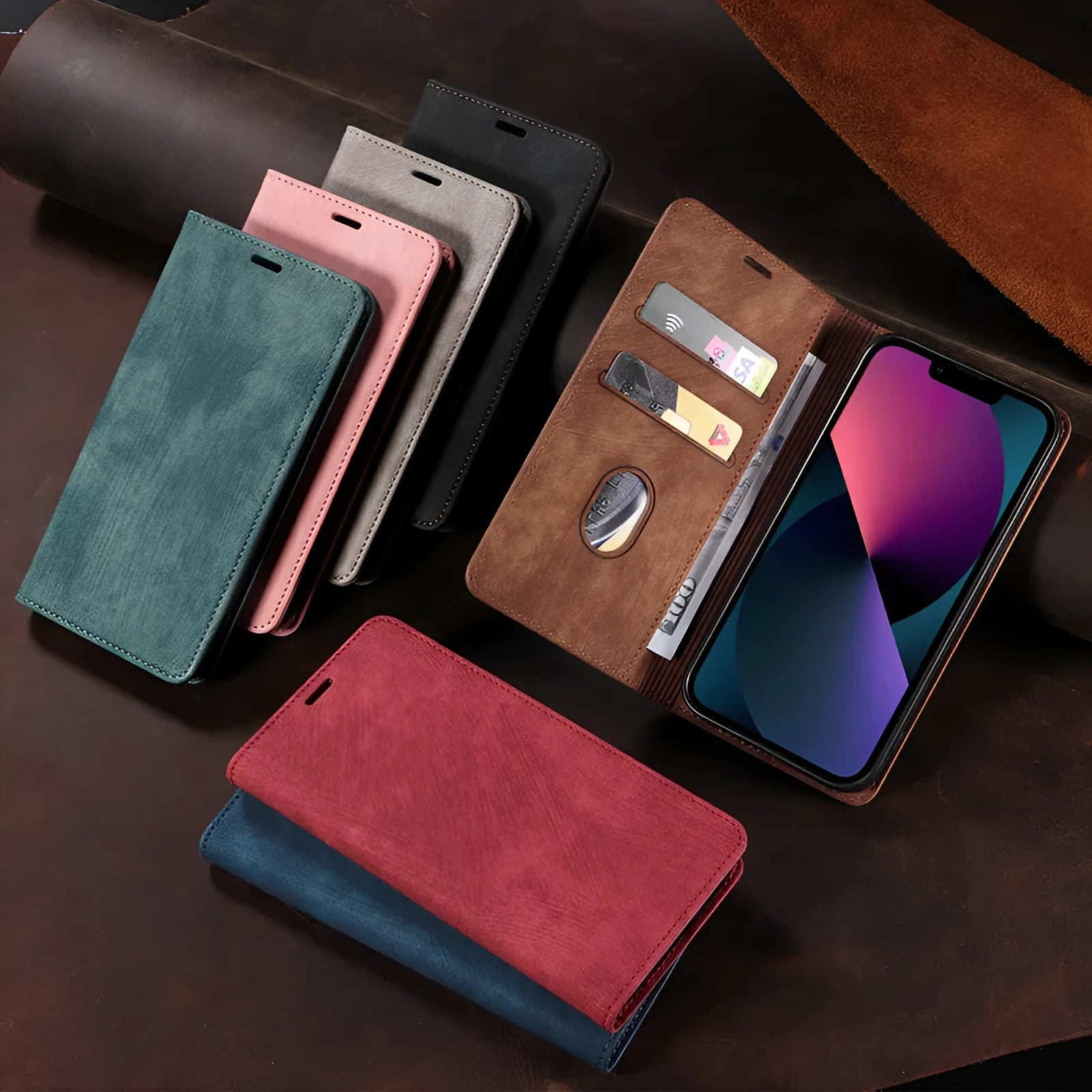 Magnetic flip phone case in leather-style design for iPhone, shown in a solid colour.