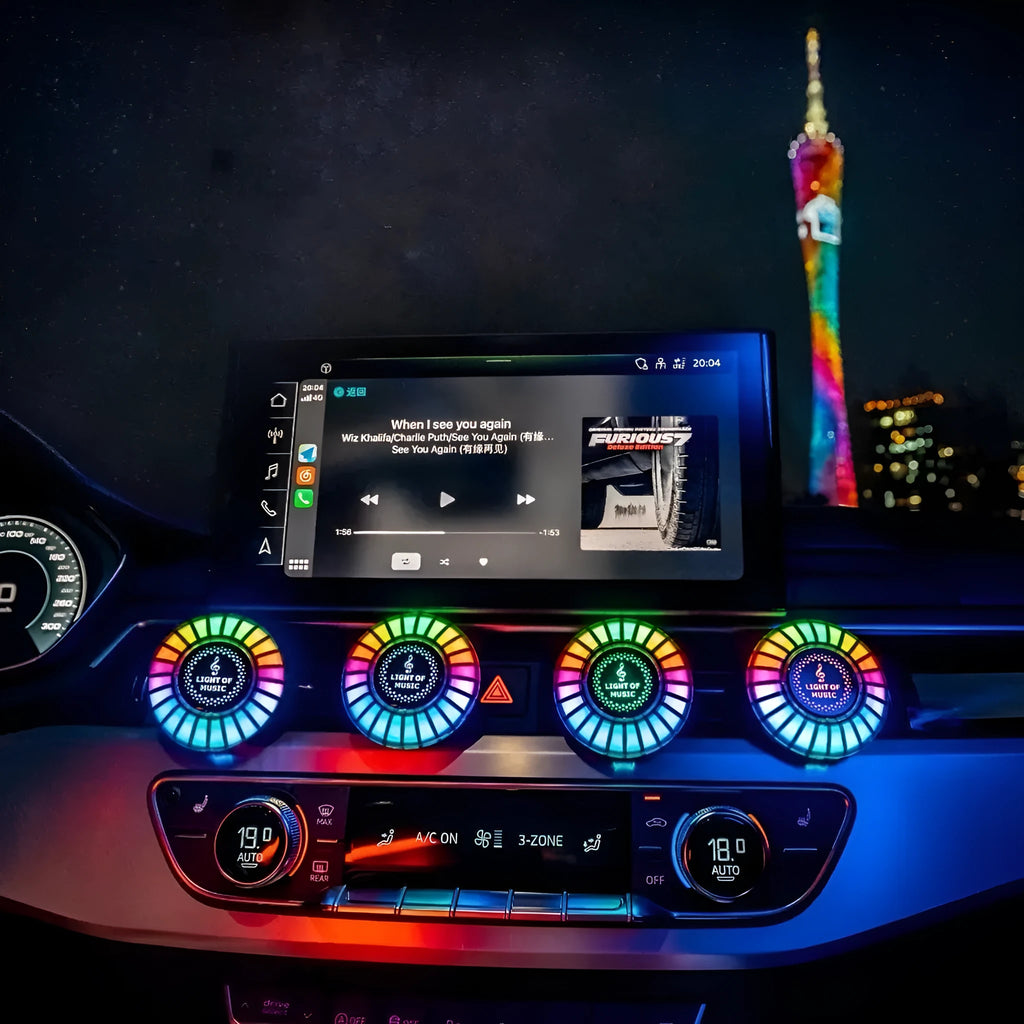 Car air vent mounted RGB rhythm atmosphere light with aromatherapy function in vehicle interior