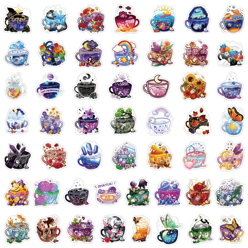 Pack of 50 colourful tea cup graffiti waterproof stickers in a Nordic style for luggage and scooter customisation.