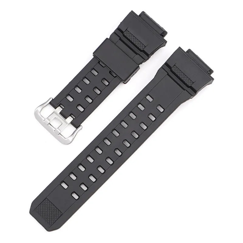 Camouflage pattern TPU watch strap with silver buckle showing 19cm length