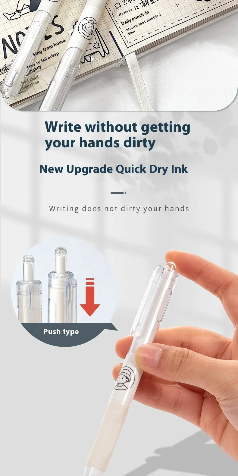 Set of five white barrel ballpoint pens with 0.5mm tips and black ink, shown with a black plastic storage case.