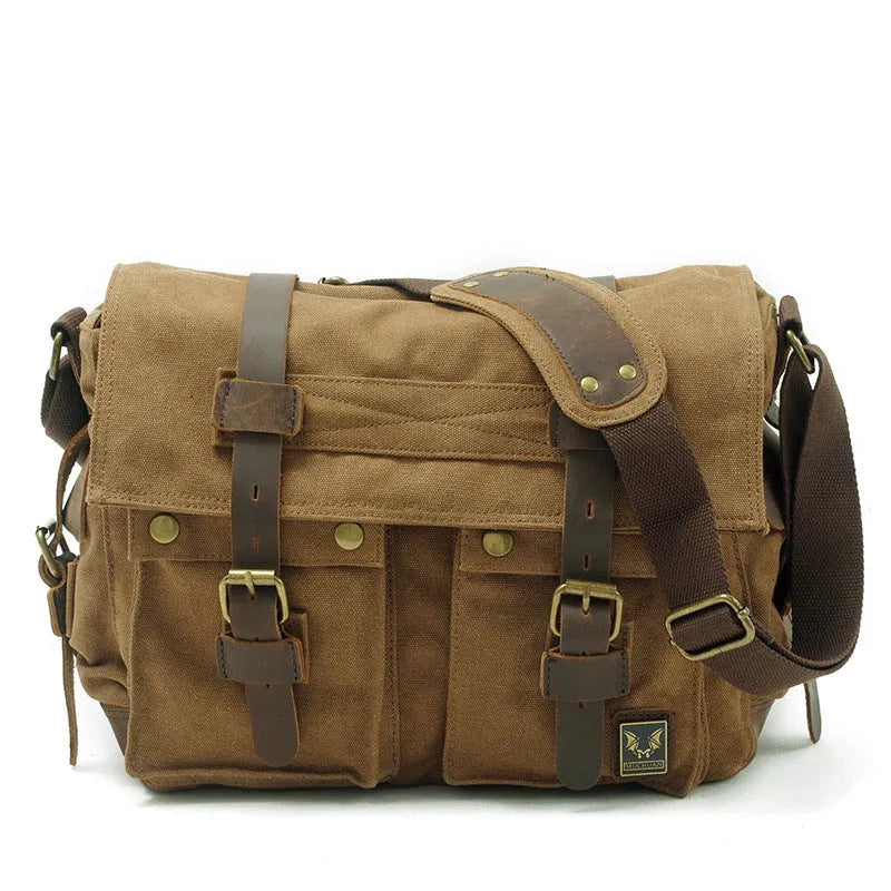 Men's canvas crossbody shoulder bag with cowhide trim in horizontal square shape
