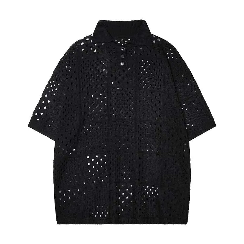 Loose fit short-sleeved knitted polo shirt with hollow design in solid black or white for teenagers