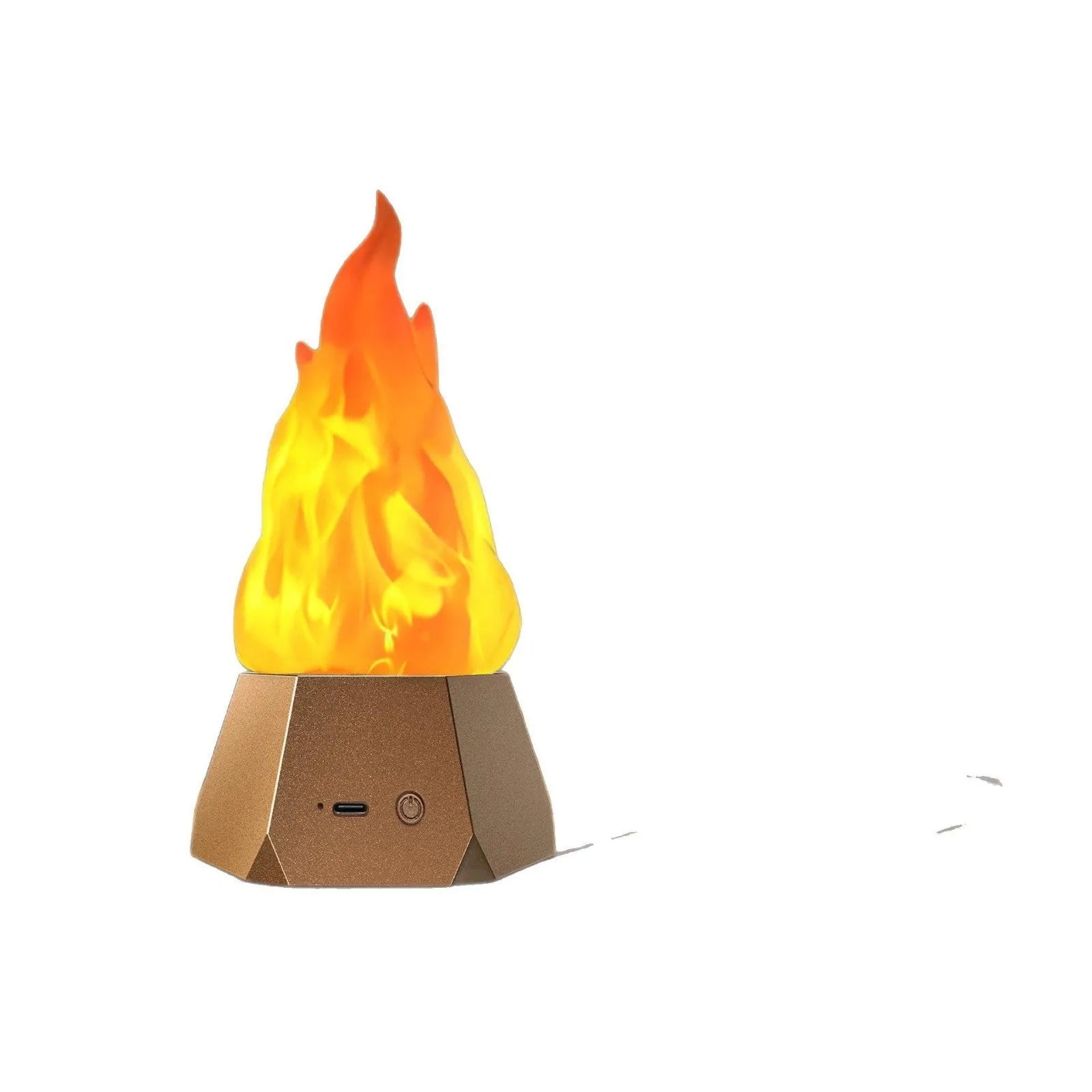 Flame-shaped outdoor decorative lights with black charging base on wooden surface