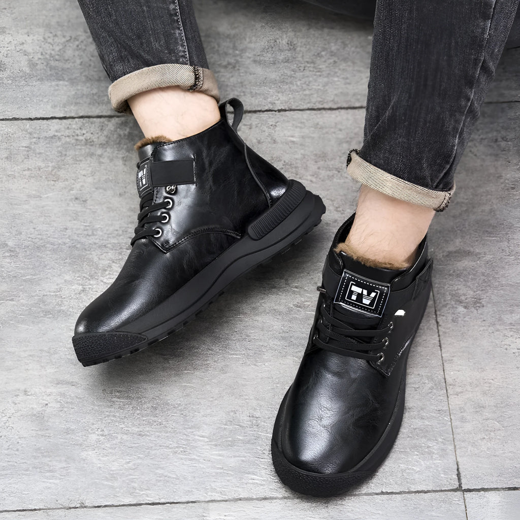 Black Martin boots with high-top platform design and velvet artificial PU upper